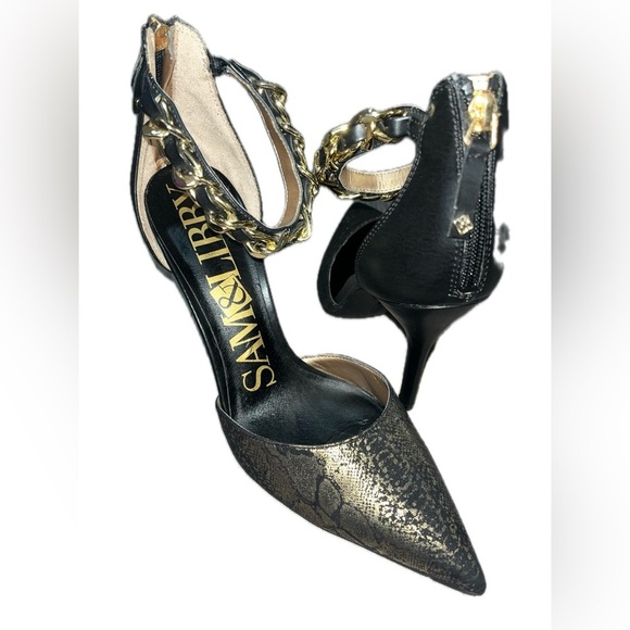Sam & Libby Dylan Gold Black Ankle Chain Strap Stiletto 4" Heels Shoes, Size 9.5 - Picture 9 of 14